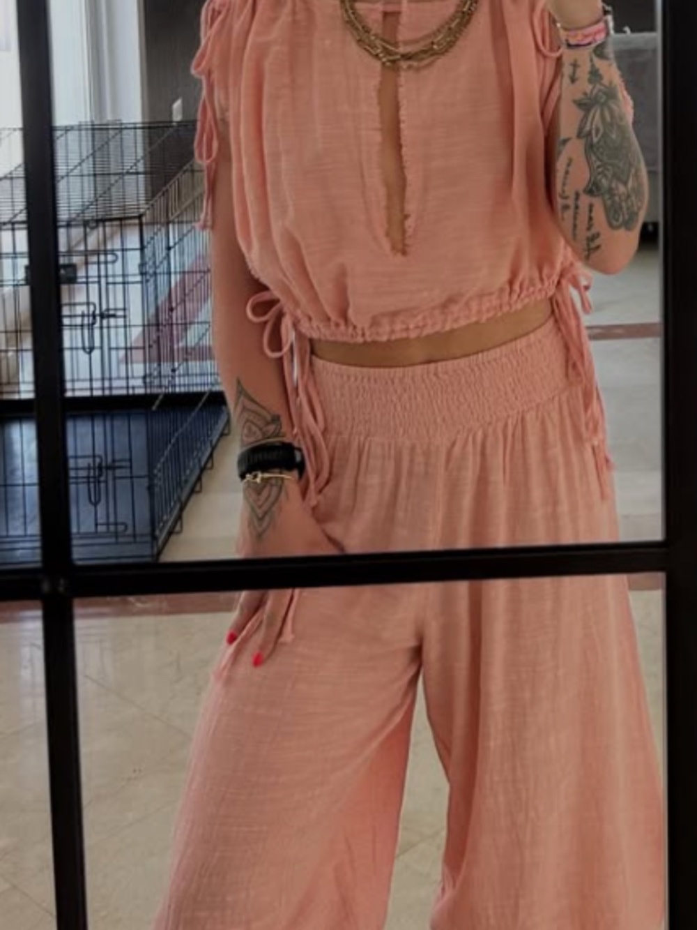 PEARL & CAVIAR Pink Cotton Linen Gauze Wide Leg Cropped Pants Size S/M VGUC